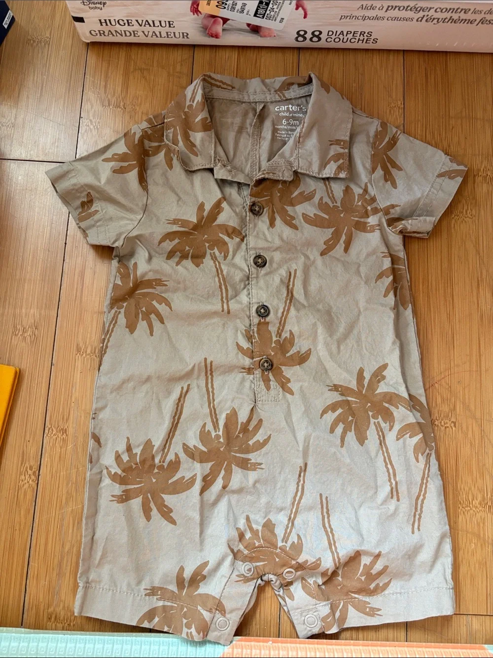 Carter's Beige Romper with Brown Palm Print Button-Front